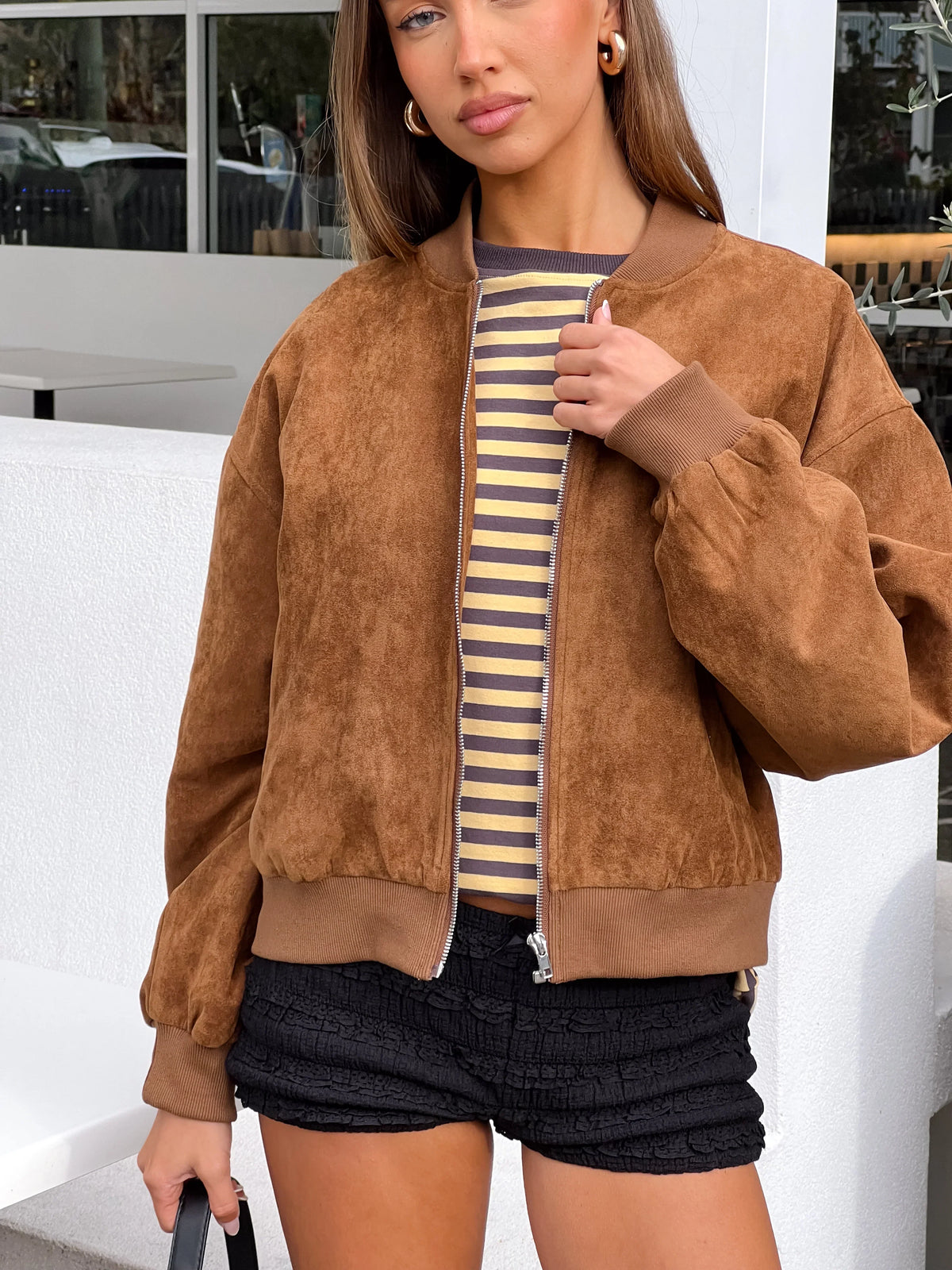 Rebecca Tan Cuffed Suedette Bomber Jacket