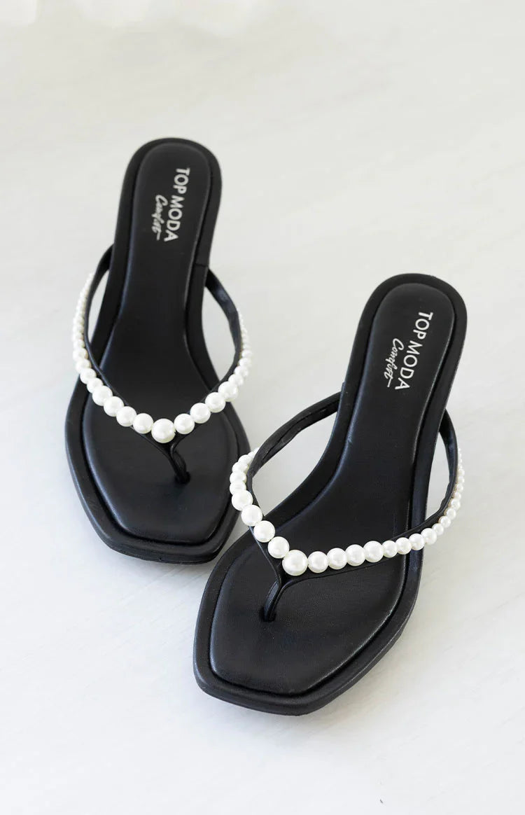 Selena Black Pearl Detail Thong Heels
