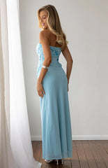 Serenity Blue Strapless Beaded Party Maxi Dress