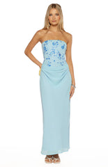 Serenity Blue Strapless Beaded Party Maxi Dress