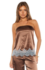 Shirley Brown Satin Lace Trim Strapless Top