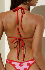 Sofie Pink and Red Polka Dot Contrast Bind Triangle Bikini Top