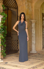 Tsuki Grey Stud Detail Cowl Neck Maxi Dress
