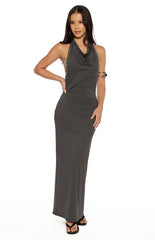 Tsuki Grey Stud Detail Cowl Neck Maxi Dress