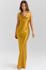 amber satin draped cowl neck maxi dress