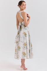 soft blue vintage ribbon print chiffon midi dress