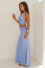 LUMIA HALTER CUTOUT MAXI DRESS - PERIWINKLE/LEMON POLKA