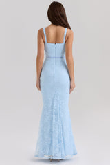 blue lace godet maxi dress