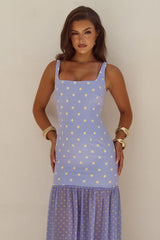 TILLIE SHEER BOTTOM MAXI DRESS - PERIWINKLE/LEMON POLKA