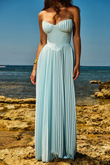 ocean blue pleated maxi dress