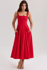 red stretch cotton midi sundress