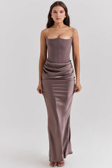 smoke strapless corset maxi dress