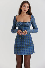 blue tartan corset mini dress