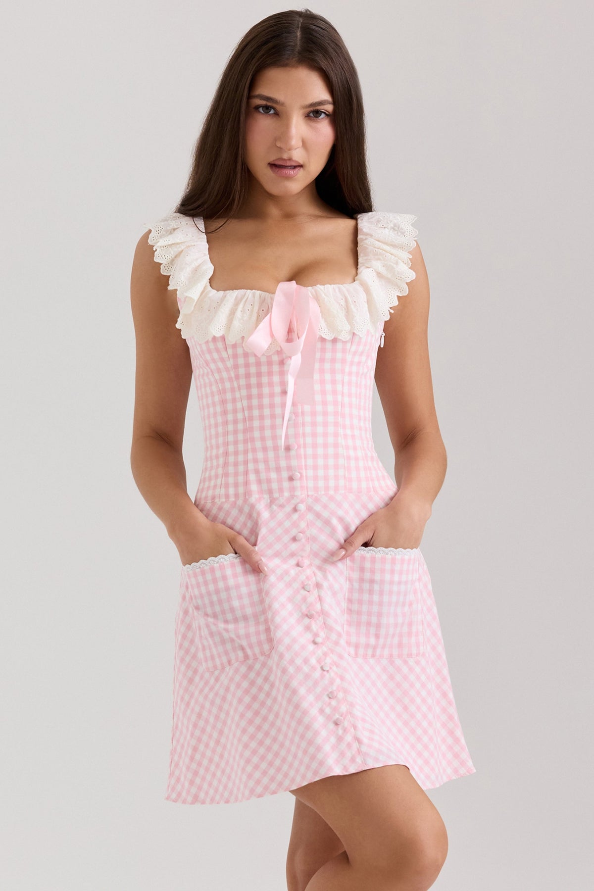 pink gingham cotton ruffle neck mini dress