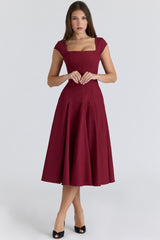 wine lace back twill midi dress