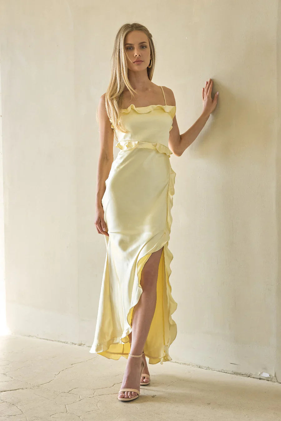 Adrianna Satin Ruffle Maxi Dress
