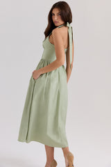 sage stretch cotton halter neck midi dress