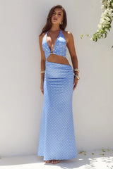 LUMIA HALTER CUTOUT MAXI DRESS - PERIWINKLE/LEMON POLKA