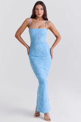 tuscan blue embroidered floral maxi dress