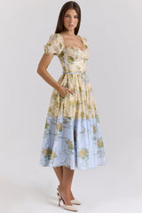 lemon vintage rose chiffon midi dress