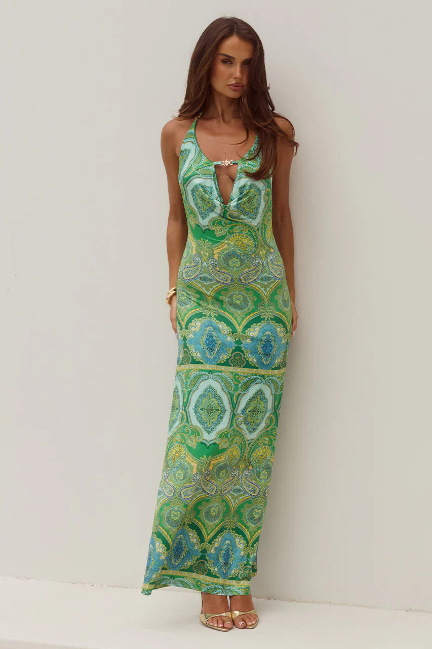 LIVIA HALTER COWL MAXI DRESS - INDIANA GREEN