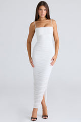 white gathered stretch mesh maxi dress