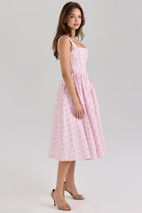 pink rose print stretch cotton corset midi dress