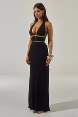 XYLIA HALTER LOW PLUNGE MAXI DRESS - BLACK