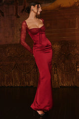 berry satin maxi dress with corset