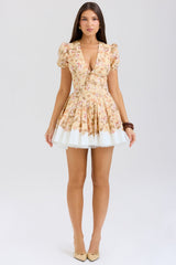 honeyflower print pleated cotton mini dress
