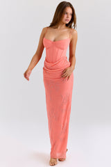 coral embellished hand beaded maxi dress