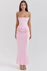 rose shadow strapless corset maxi dress