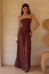 FLEUR SHIRRED STRAPLESSS MAXI DRESS - CHOCOLATE