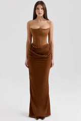 coffee velvet strapless corset maxi dress