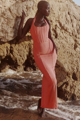 coral stretch mesh halter neck midi dress