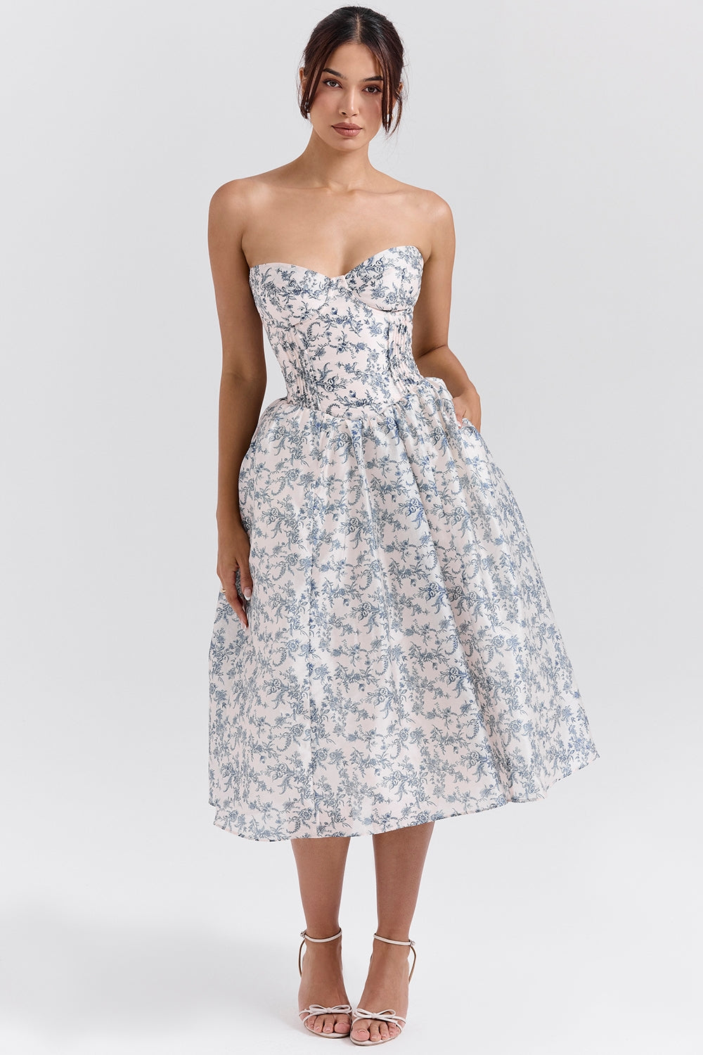 english porcelain print strapless sundress
