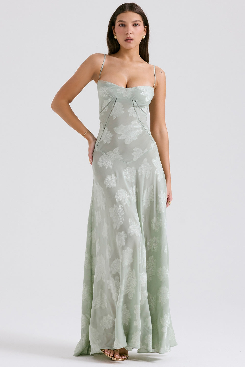 pistachio floral lace back maxi dress