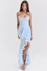 ice blue mesh ruffled front gown