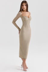 beige mesh long sleeve bodycon midi dress