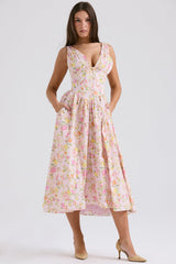 pink meadow print cotton corset sundress