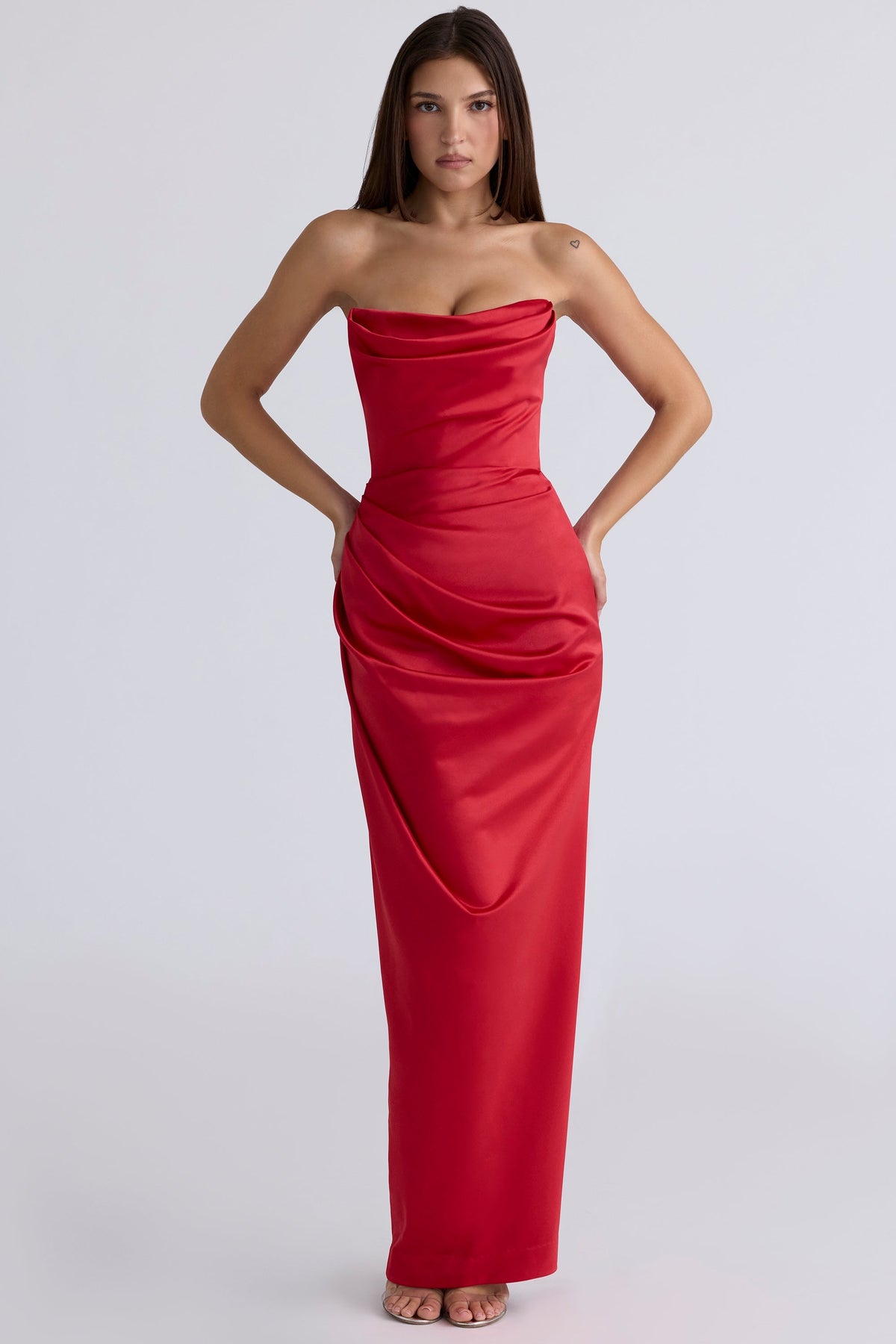 scarlet satin strapless gown