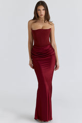 wine strapless corset maxi dress