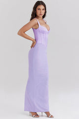orchid satin corset maxi dress