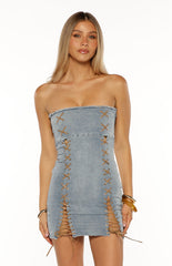 Danica Light Wash Denim Lace Up Strapless Mini Dress