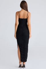 black gathered stretch mesh maxi dress