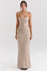 pale gold chiffon mesh strapless corset maxi dress