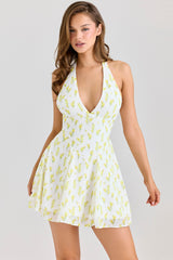 lemon floral print georgette halter neck mini dress