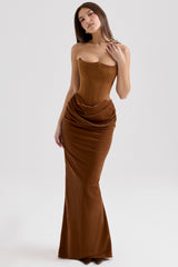 coffee velvet strapless corset maxi dress