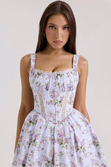 lilac ribbon print cotton mini dress