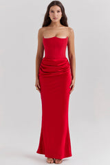scarlet strapless corset maxi dress
